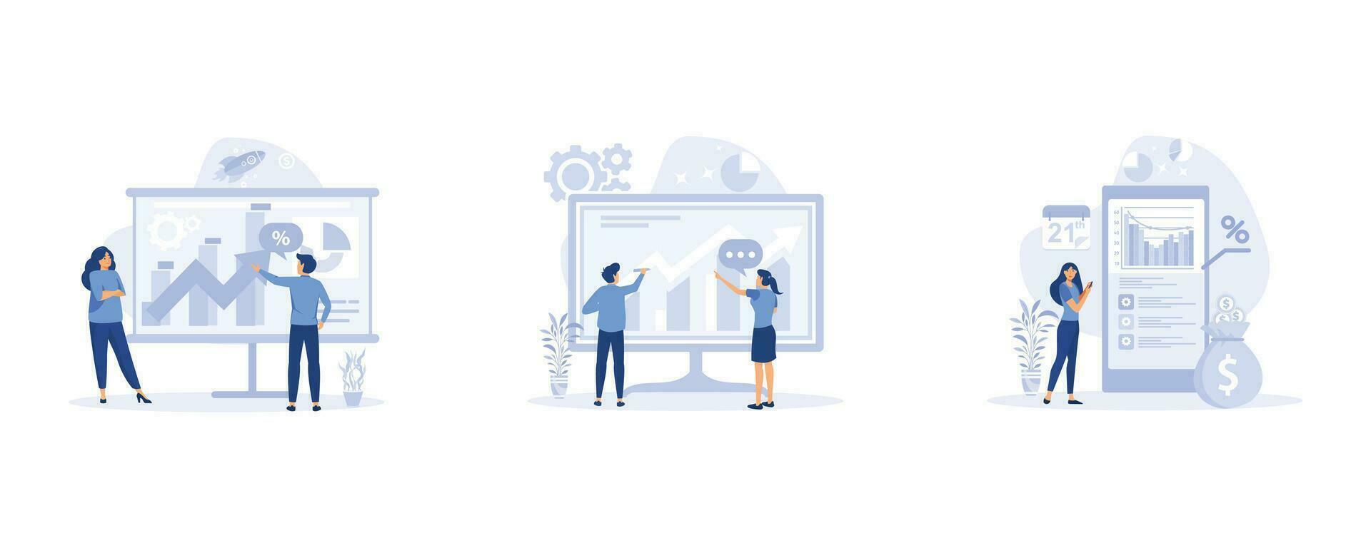 personaggi investire i soldi nel azione mercato. grafici e diagrammi e altro dati. piatto moderno vettore illustrazione