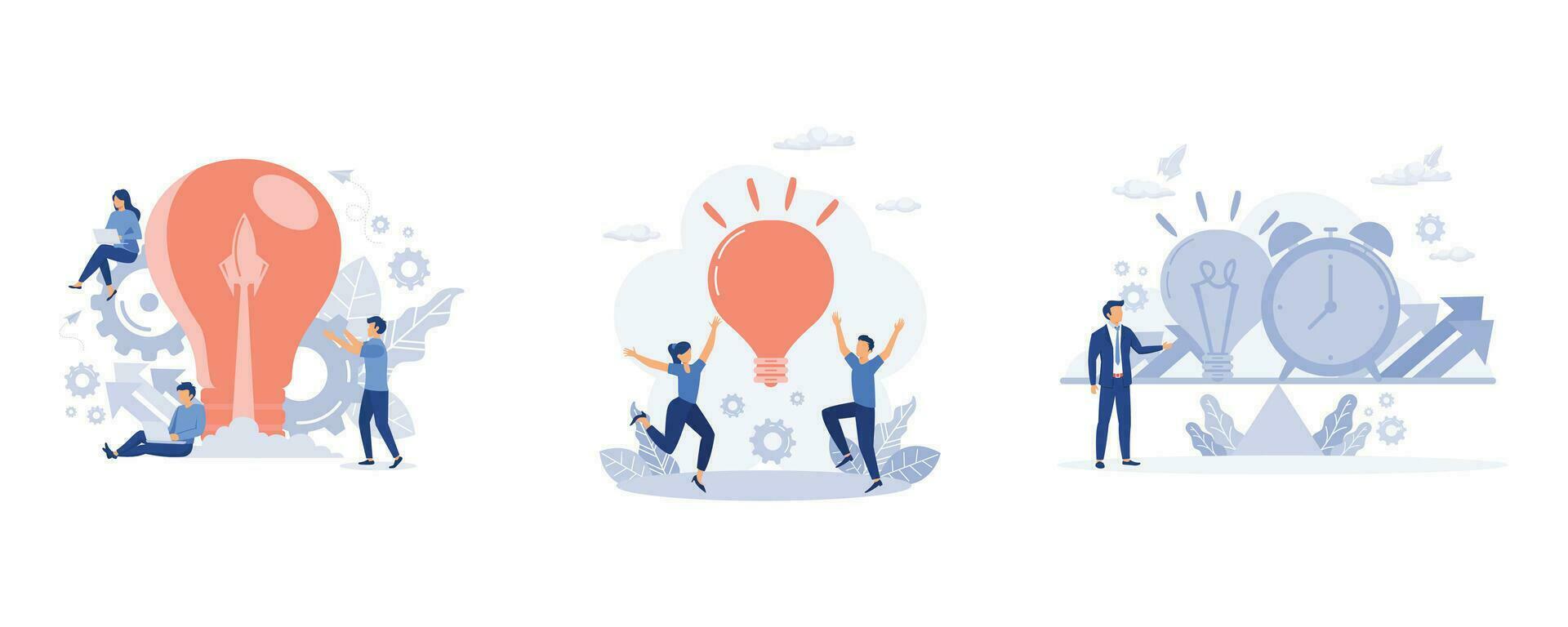 idea avviare, persone provare per trova migliore idea, equilibrio fra tempo e costo di un idea, impostato piatto vettore moderno illustrazione