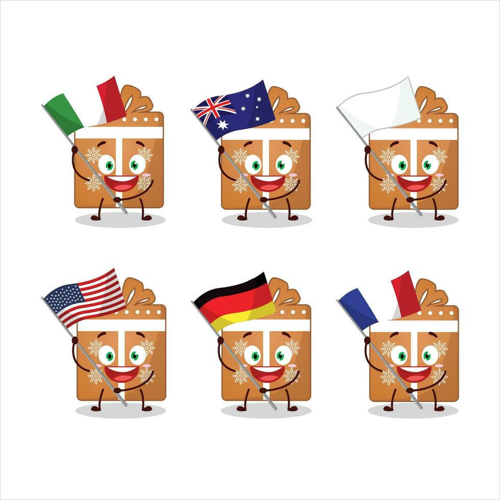 regalo biscotti cartone animato personaggio portare il bandiere di vario paesi vettore