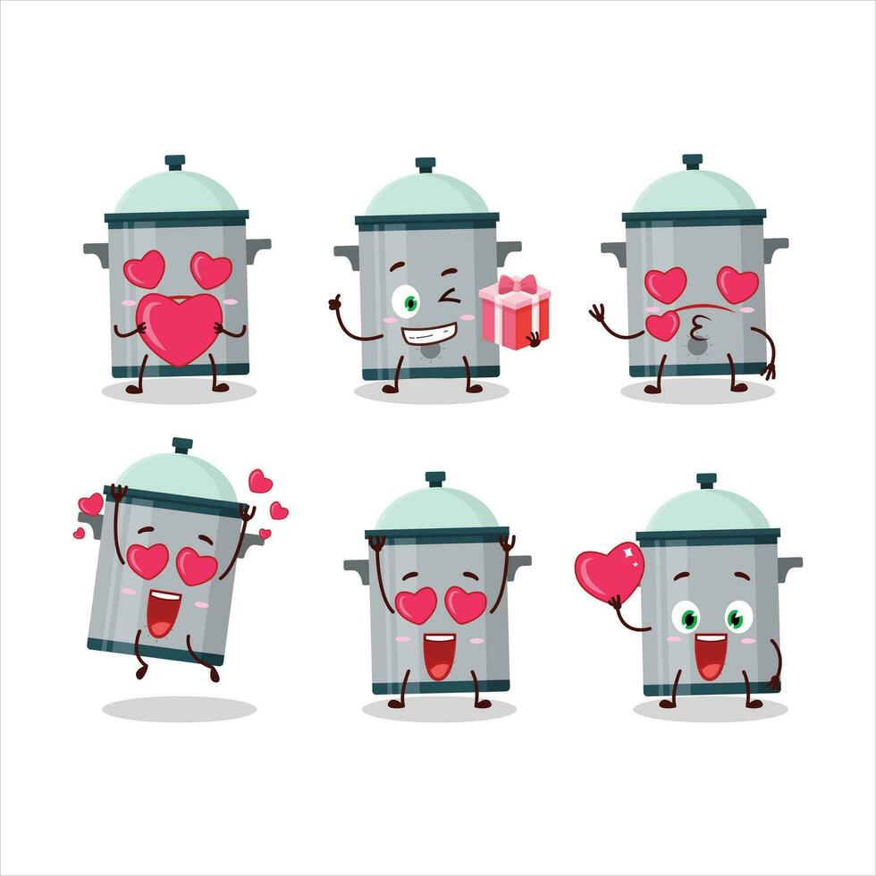 cucinando padella cartone animato personaggio con amore carino emoticon vettore