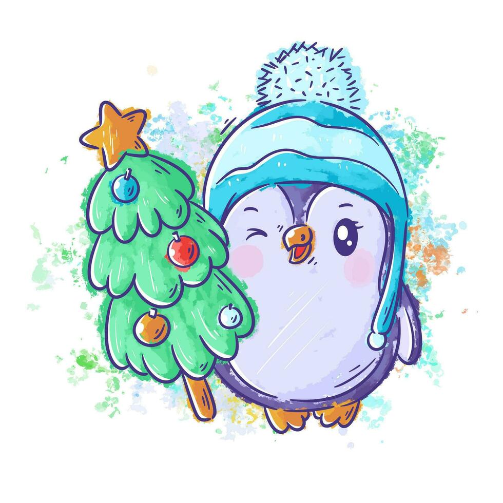 carino pinguino indossare un' testa più caldo e trasporto un' Natale albero cartone animato vettore