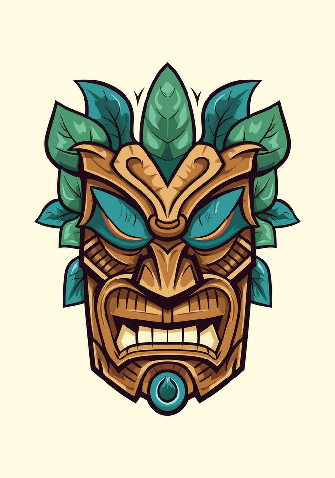 di legno tiki maschera tribale mano disegnato logo design illustrazione vettore