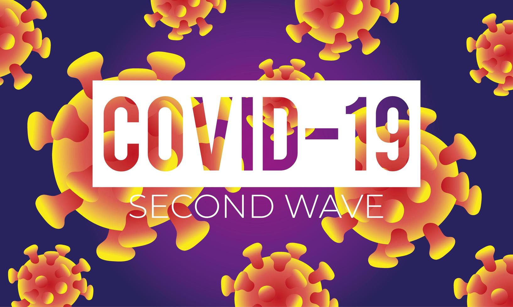 poster della seconda ondata del virus corona con particelle su sfondo viola vettore