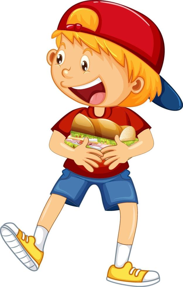 personaggio dei cartoni animati ragazzo felice abbracciando panino cibo vettore