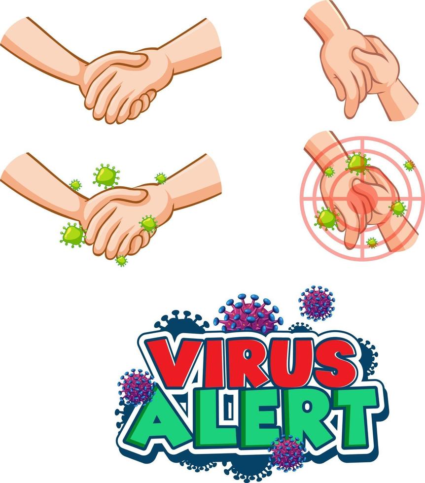 design del carattere di avviso virus con diffusione del virus da strette di mano su sfondo bianco vettore