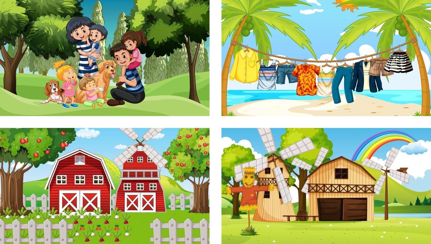 quattro diverse scene con il personaggio dei cartoni animati dei bambini vettore