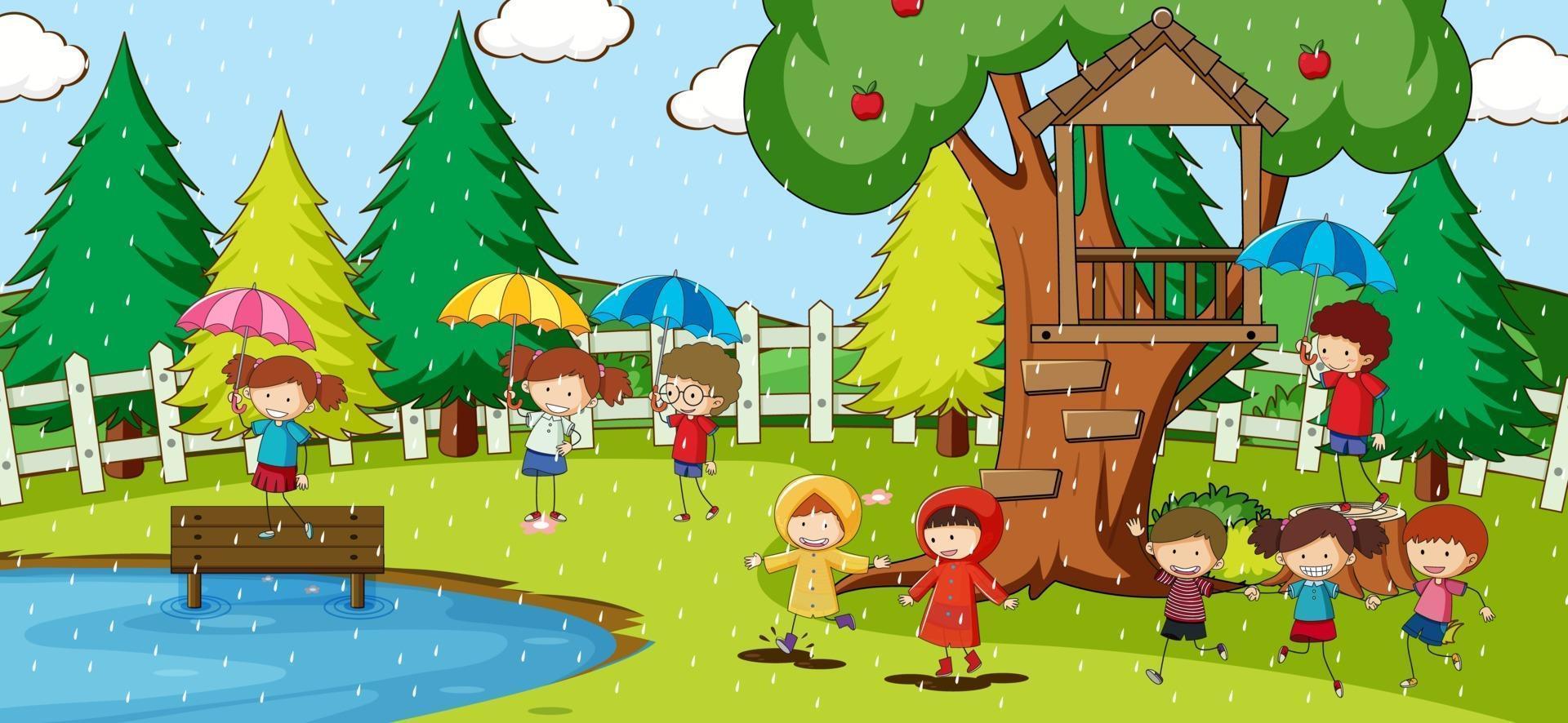 scena del parco con molti bambini doodle personaggio dei cartoni animati vettore