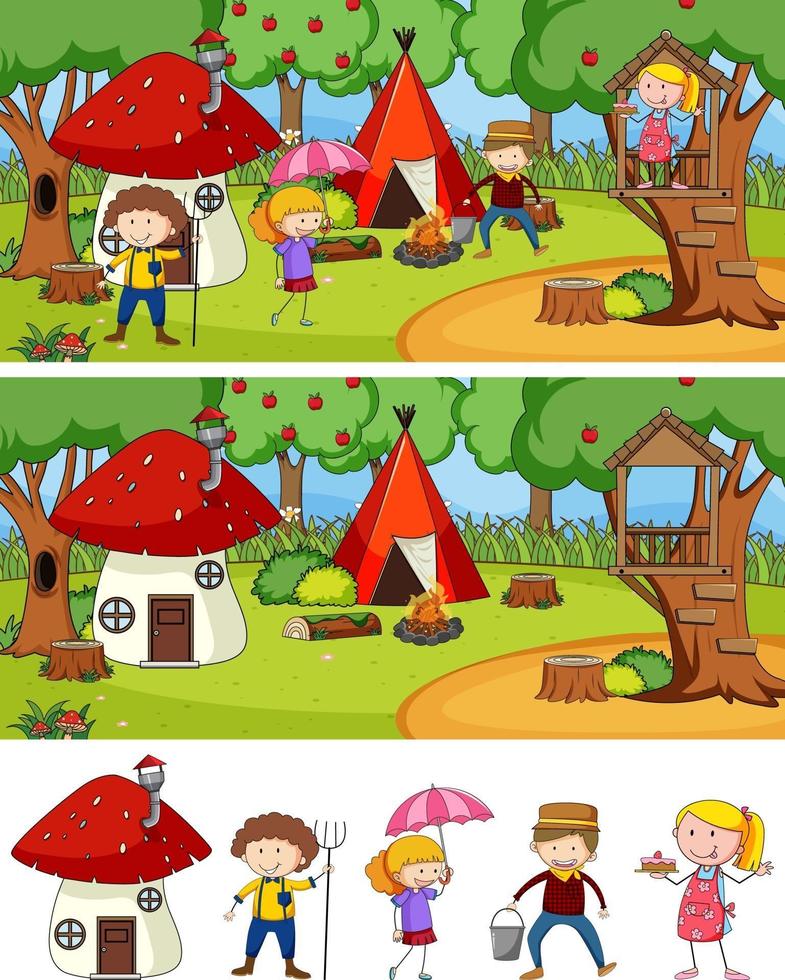 set di diverse scene di campeggio orizzontale con personaggio dei cartoni animati per bambini scarabocchiati vettore