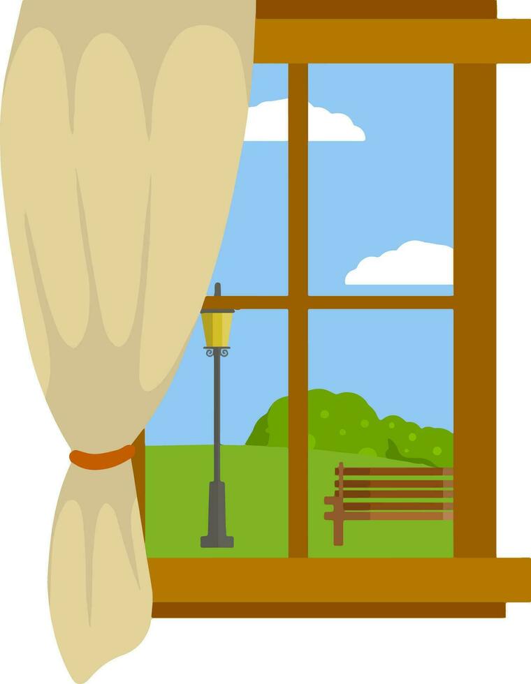 finestra nel un' di legno telaio con un' tenda. bellissimo Visualizza. elemento di il Casa parete e interno. piazza oggetto. cartone animato piatto illustrazione. foresta, verde alberi, estate stagione vettore
