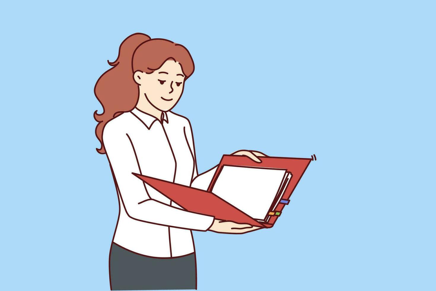 donna è Tenere cartella con documenti lettura rapporto a partire dal dipendenti o preparazione per attività commerciale presentazione. ragazza nel attività commerciale Abiti è impegnato nel lavoro d'ufficio Lavorando come segretario nel grande società. vettore