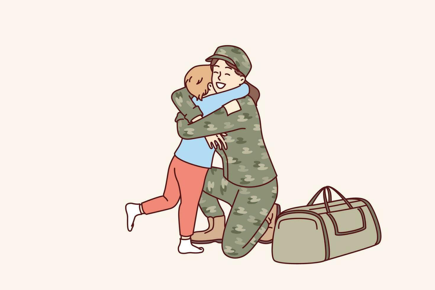 militare donna abbracci figlio dopo ritorno a partire dal esercito e partecipando nel ostilità. madre nel militare uniforme dice addio per bambino in partenza per distaccato dovere con mantenimento della pace missione vettore