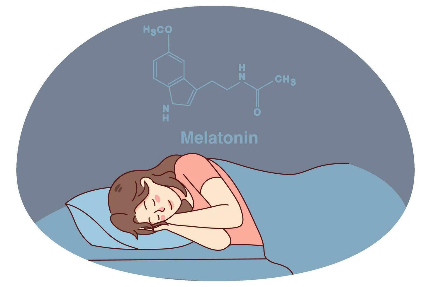 calma donna addormentato nel letto avendo melatonina ormone prodotto. contento ragazza addormentato a casa, godendo tranquillo, calmo pisolino o sognare. salutare addormentato e scienza. vettore illustrazione.