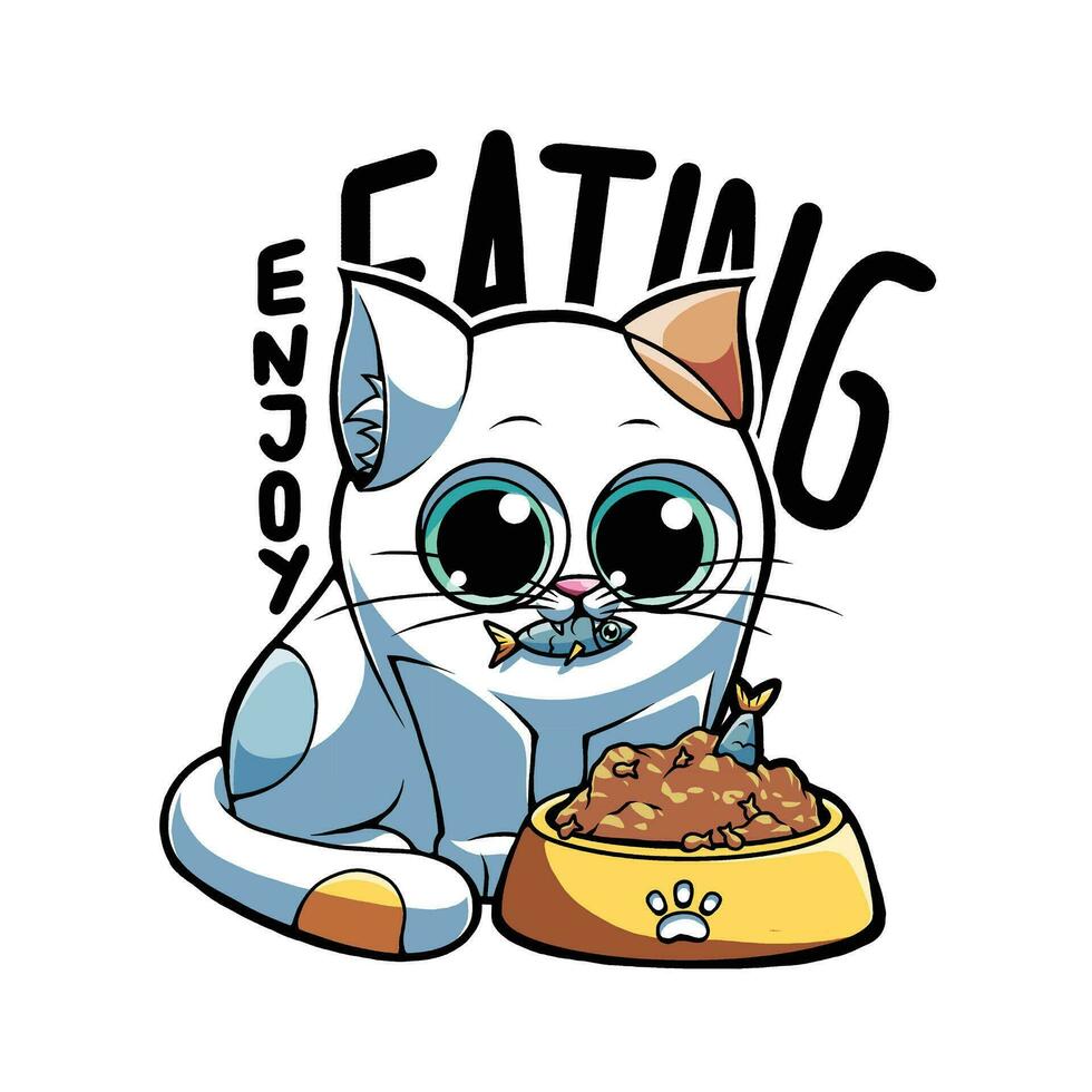 vettore illustrazione raffigurante un' gatto godendo suo cibo, Questo Immagine è grande per adesivi, maglietta disegni e di più.