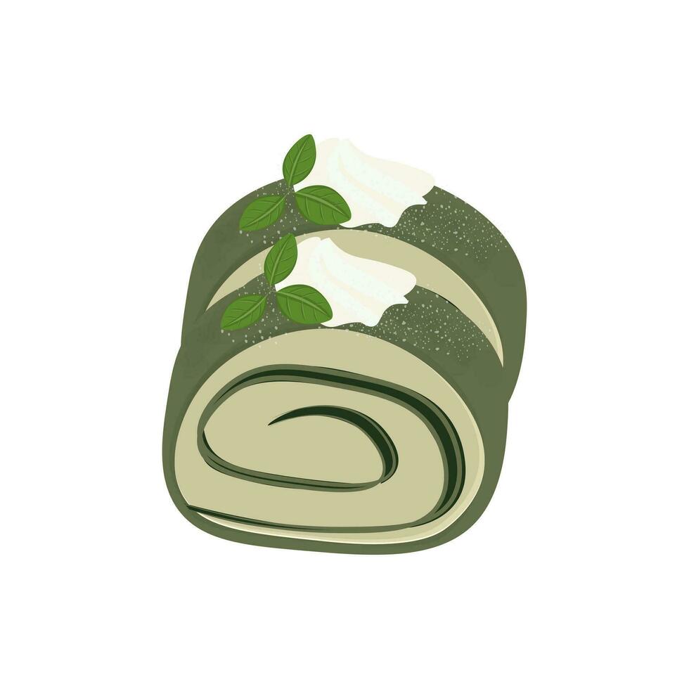 logo illustrazione di pezzi di asciugamano crespo rotolo torta matcha verde tè gusto vettore
