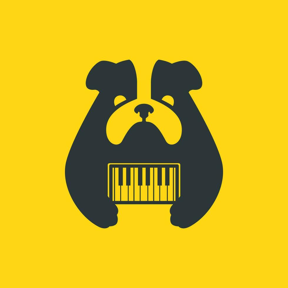 bulldog animali domestici cane giocando pianoforte musica portafortuna cartone animato piatto moderno logo icona vettore illustrazione