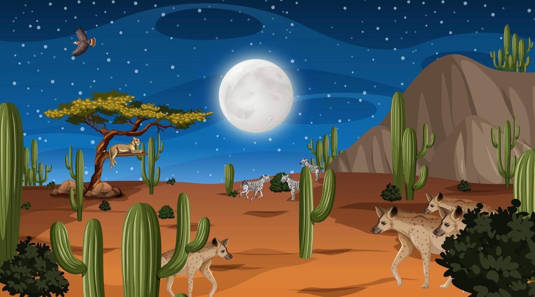 gli animali vivono nel paesaggio della foresta desertica durante la scena notturna vettore
