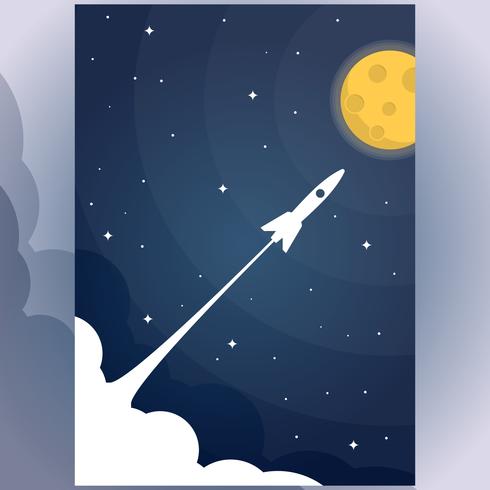 Flying Rocket In The Star To The Full Moon Design piatto illustrazione vettore