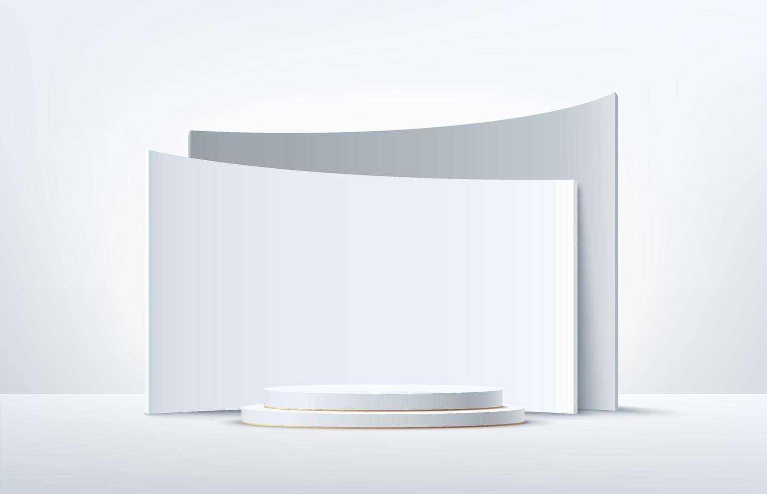 podio moderno con piedistallo cilindrico bianco e oro. scena minima della parete di colore bianco e grigio con sfondo geometrico. rendering vettoriale forma 3d, presentazione del display del prodotto. concetto astratto della stanza.