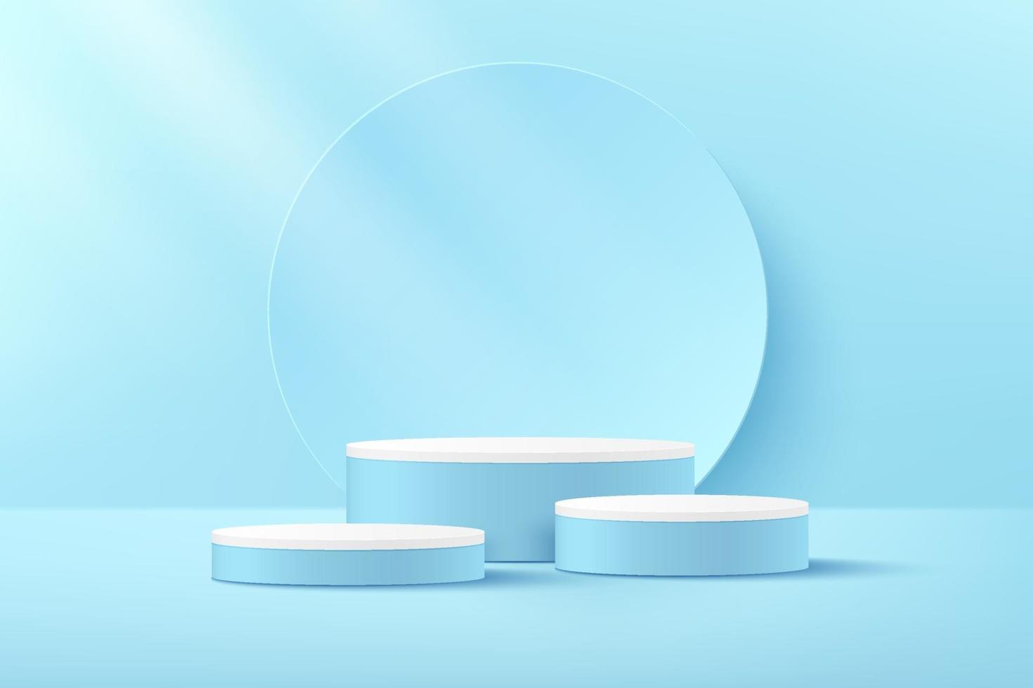 podio con piedistallo cilindrico di lusso di colore bianco e blu. scena minima della parete blu chiaro. sfondo del cerchio e illuminazione della finestra. rendering vettoriale moderno astratto forma 3d per la presentazione dell'esposizione dei prodotti.