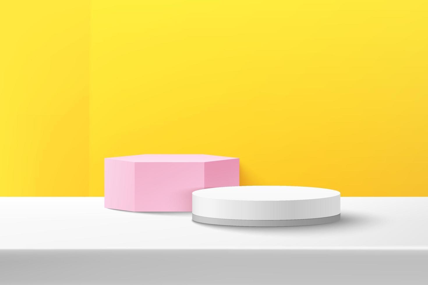 rendering vettoriale astratto forma 3d per la visualizzazione di prodotti pubblicitari con spazio di copia. moderno podio geometrico bianco e rosa con sfondo bianco e giallo stanza vuota. concetto di stanza studio minimo.