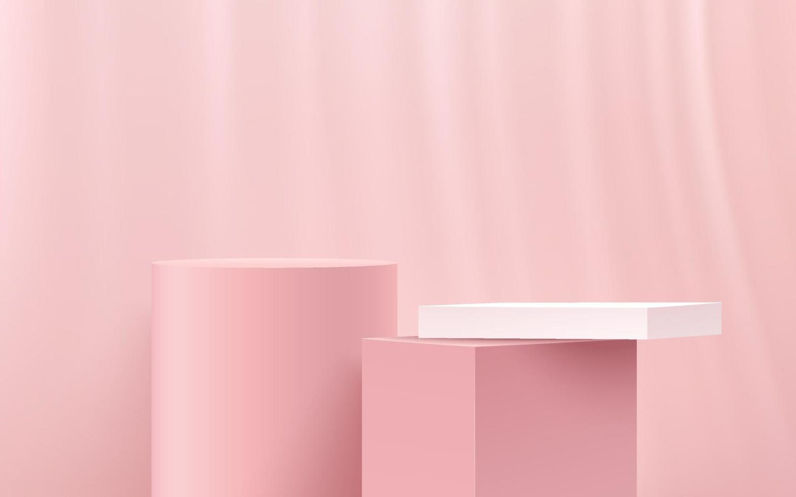moderno cilindro rosa, podio con piedistallo cubo bianco, stanza vuota rosa chiaro con tende decorate. rendering vettoriale astratto forma 3d, presentazione di prodotti cosmetici. scena minima della stanza pastello.