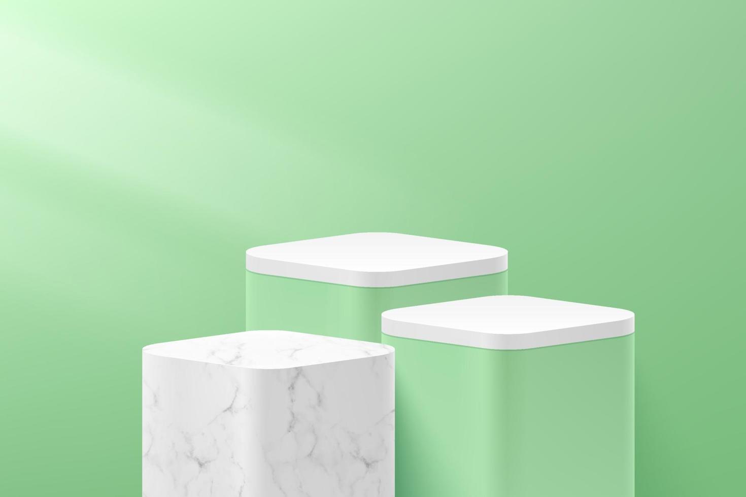 podio con piedistallo moderno in marmo bianco e cubo verde con scena di parete minimale verde chiaro. rendering vettoriale forma 3d per la presentazione di prodotti cosmetici. stanza astratta di colore pastello.