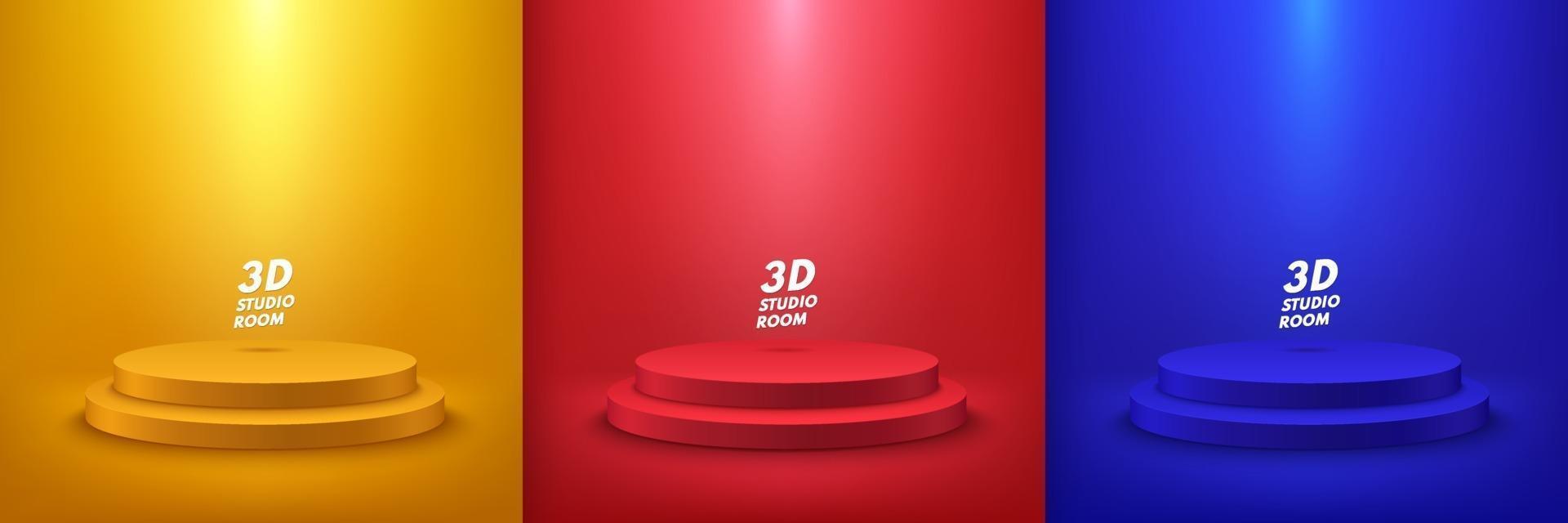 set di display tondo astratto per prodotto sul sito Web in moderno. rendering di sfondo con podio e scena di parete a trama minima, rendering 3d forma geometrica giallo rosso e blu. vettore