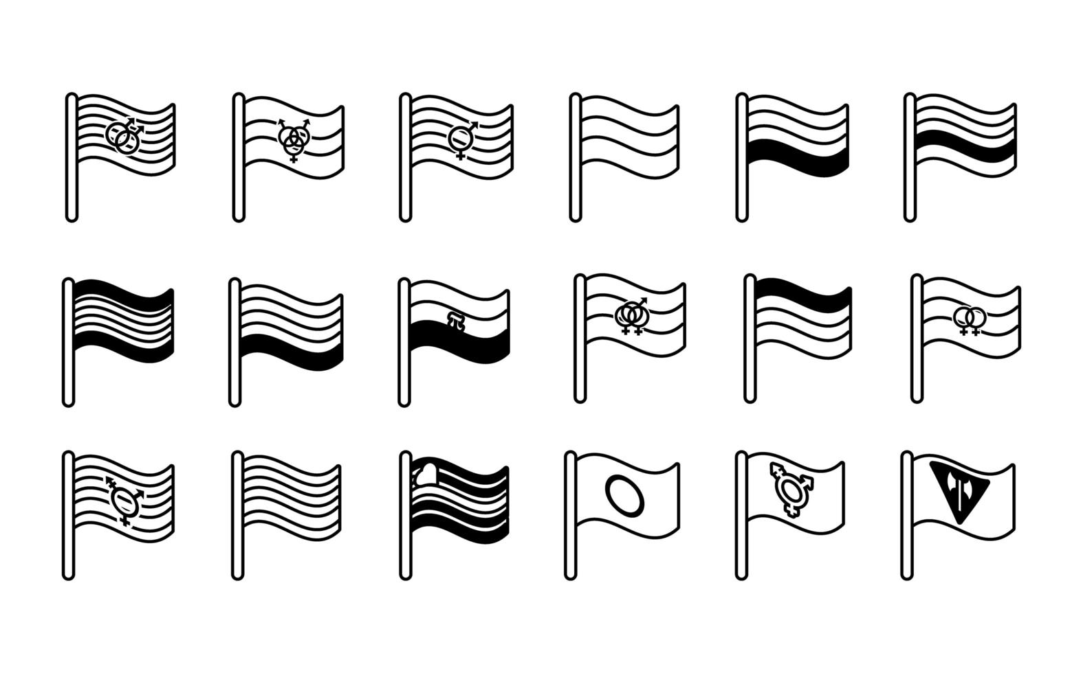 fascio di bandiere di genere delle icone di stile della linea di orientamento sessuale vettore