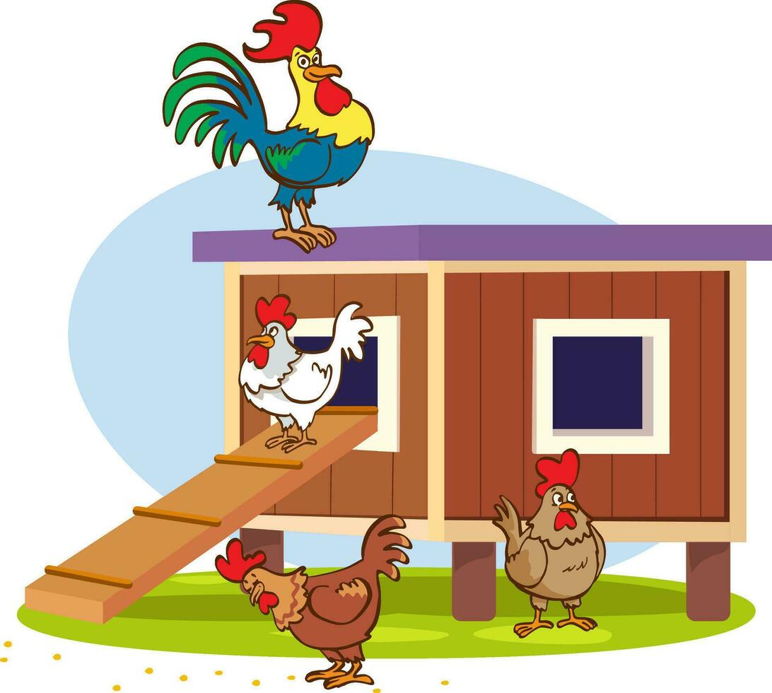 illustrazione di un' carino Casa con Gallo e polli vettore