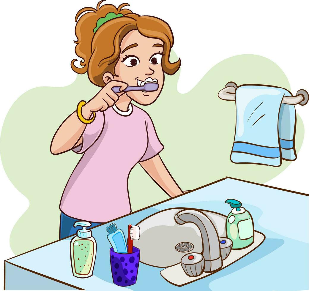 donna spazzolatura sua denti vettore illustrazione.