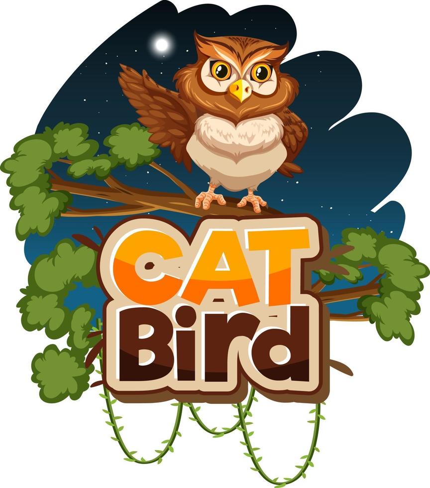 personaggio dei cartoni animati di gufo di scena notturna con banner di carattere uccello gatto isolato vettore