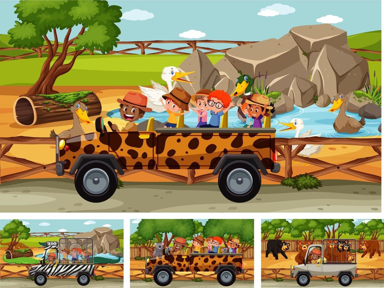 diverse scene di safari con animali e personaggi dei cartoni animati per bambini vettore