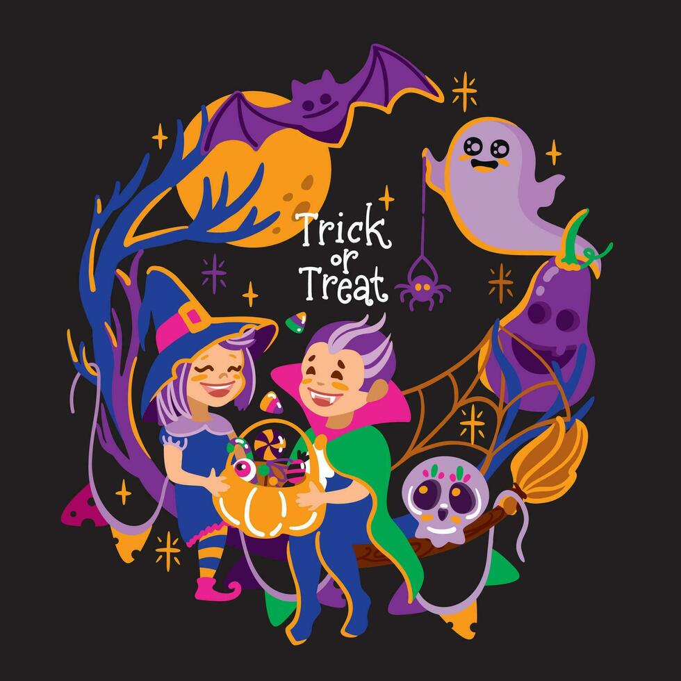 disegnato Halloween telaio con Childs su strega e vampiro costumi e altro tradizionale elementi di Halloween. vettore illustrazione.