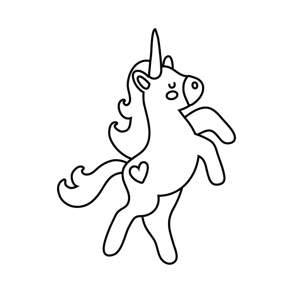 simpatico unicorno con cuore tatto icona di stile linea cavallo magico vettore