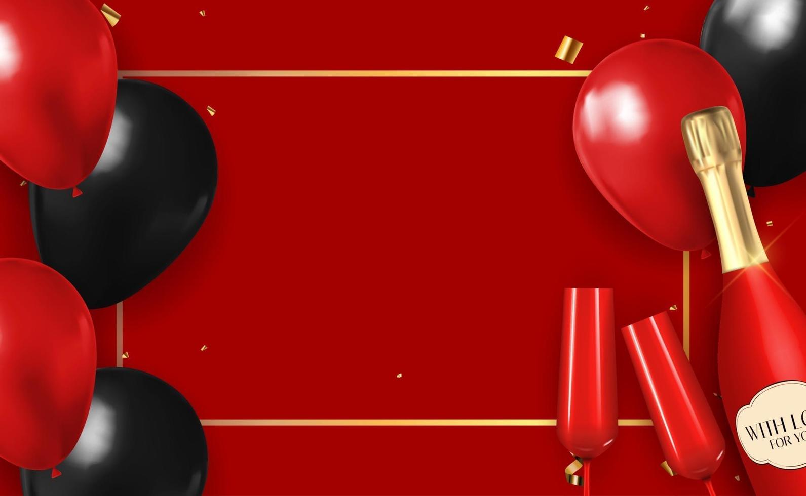 realistico 3d palloncino rosso complimenti sfondo con una bottiglia di champagne e un bicchiere per festa, vacanza, compleanno, carta di promozione, poster. illustrazione vettoriale