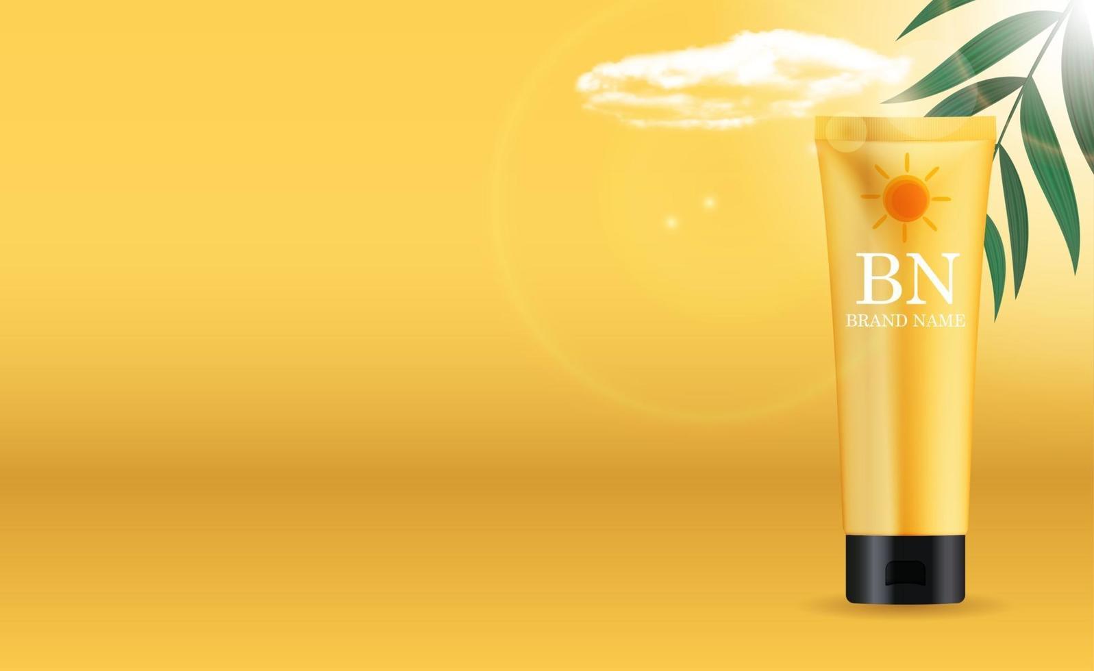Bottiglia di crema di protezione solare realistica 3D su sfondo giallo soleggiato con foglie di palma. modello di progettazione del prodotto di cosmetici di moda. illustrazione vettoriale