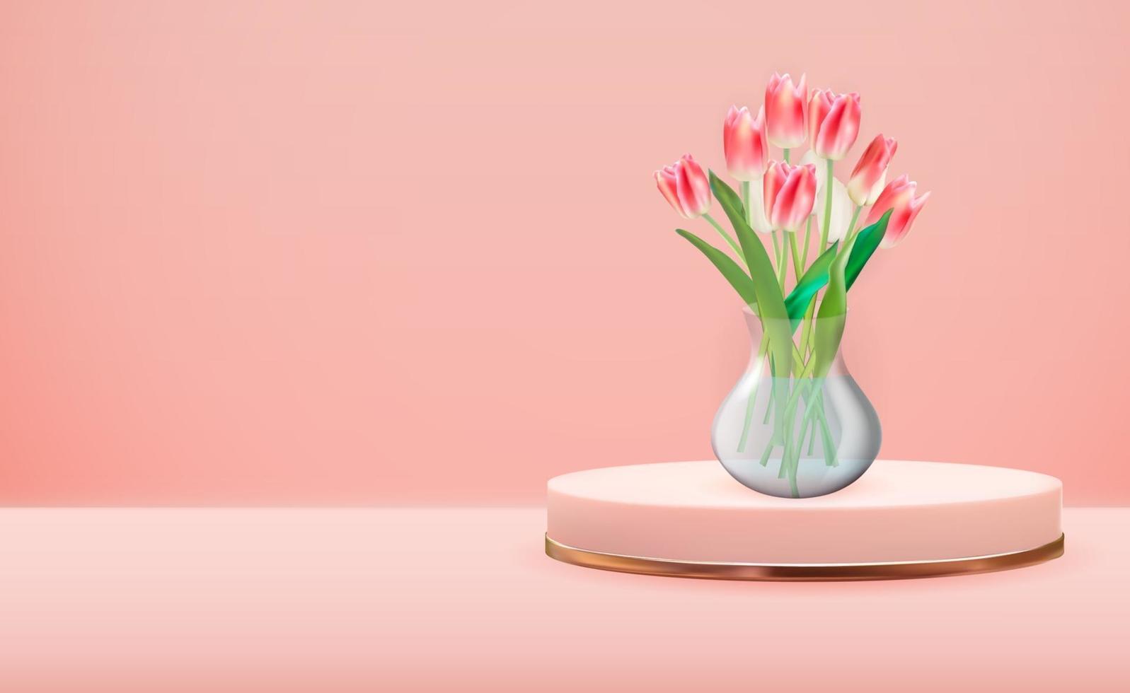 vaso trasparente in vetro 3d realistico con fiore di tulipani. su piedistallo in oro rosa su elemento di design rosa pastello sfondo naturale per poster, biglietto di auguri. illustrazione vettoriale eps10