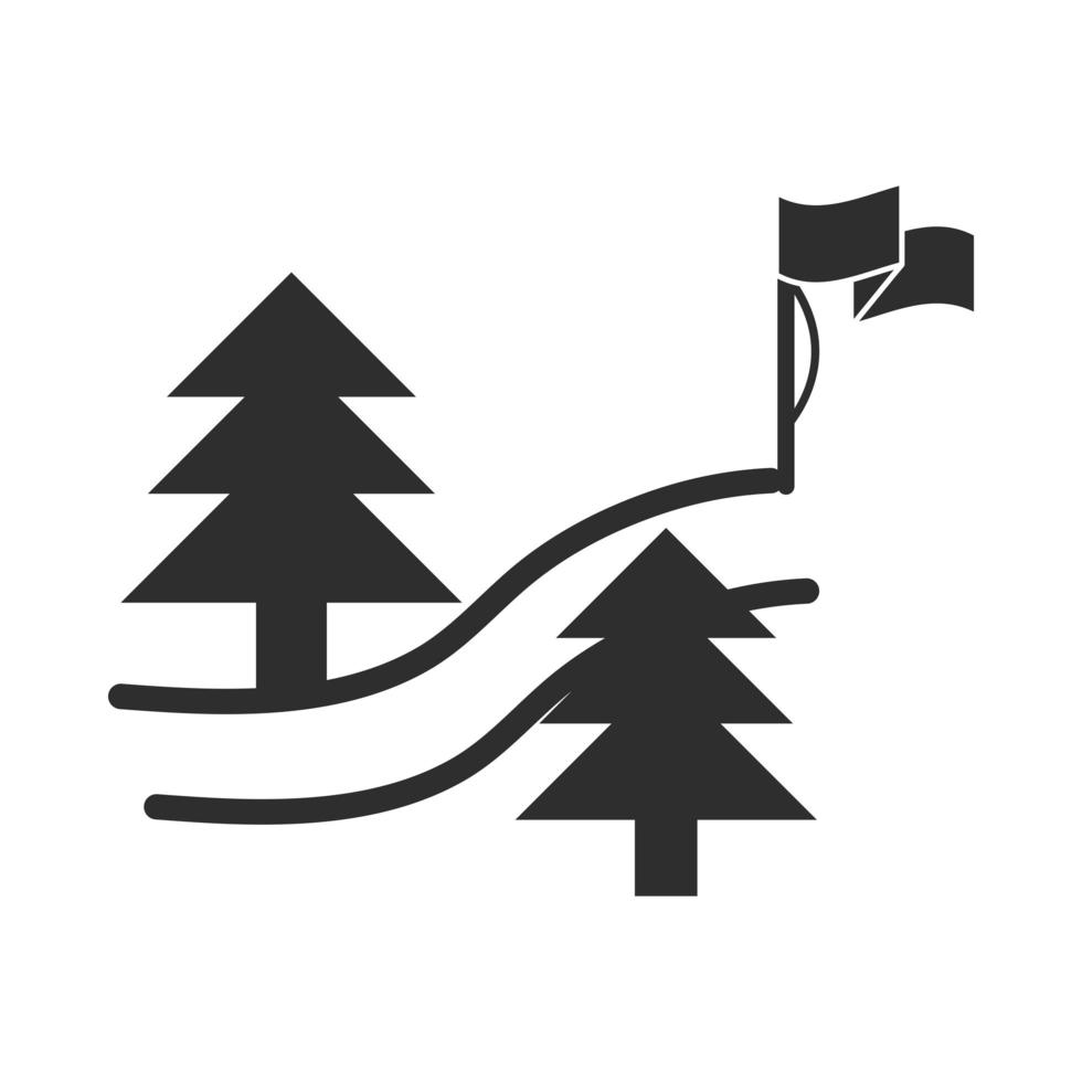 percorso sport estremo bandiere da sci e pini stile di vita attivo silhouette icona design icon vettore