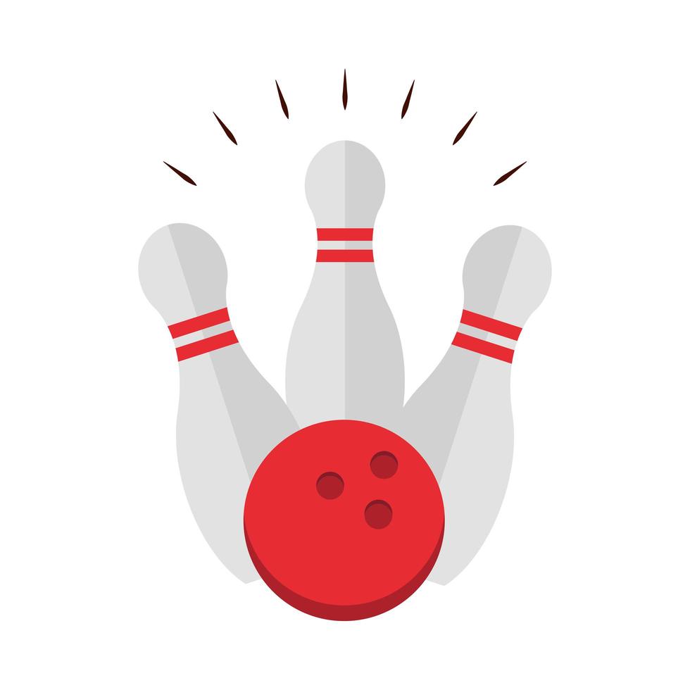 palla da bowling toccando birilli bianchi su sfondo bianco design piatto icona vettore