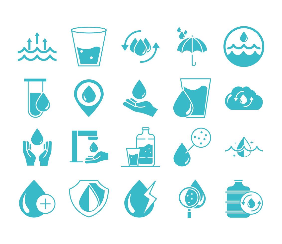 gocce d'acqua natura liquido salva ambiente bevanda blu silhouette stile set di icone vettore