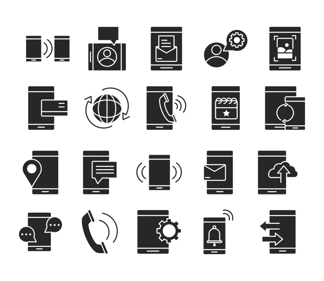 telefono cellulare o smartphone tecnologia elettronica dispositivo silhouette stile icone impostate phone vettore