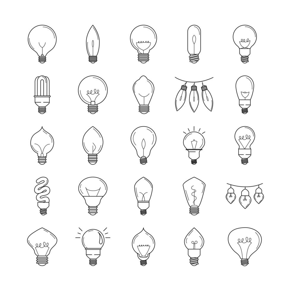 set di icone di stile di linea isolato metafora idea eco lampadina elettrica vettore
