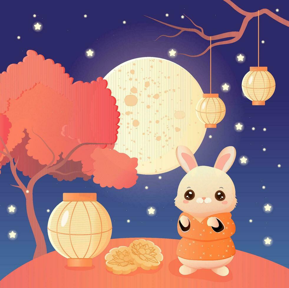 medio autunno Festival, Luna, Cinese lanterna, coniglietto e mooncake vettore