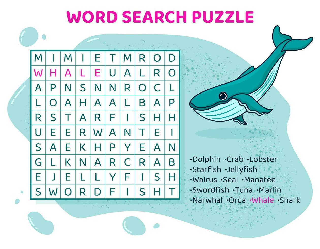 parola ricerca puzzle con vario pesce, mare e oceano animali. formazione scolastica gioco per bambini. cruciverba per apprendimento inglese linguaggio. cartone animato ortografia puzzle. test per bambini. vettore illustrazione.