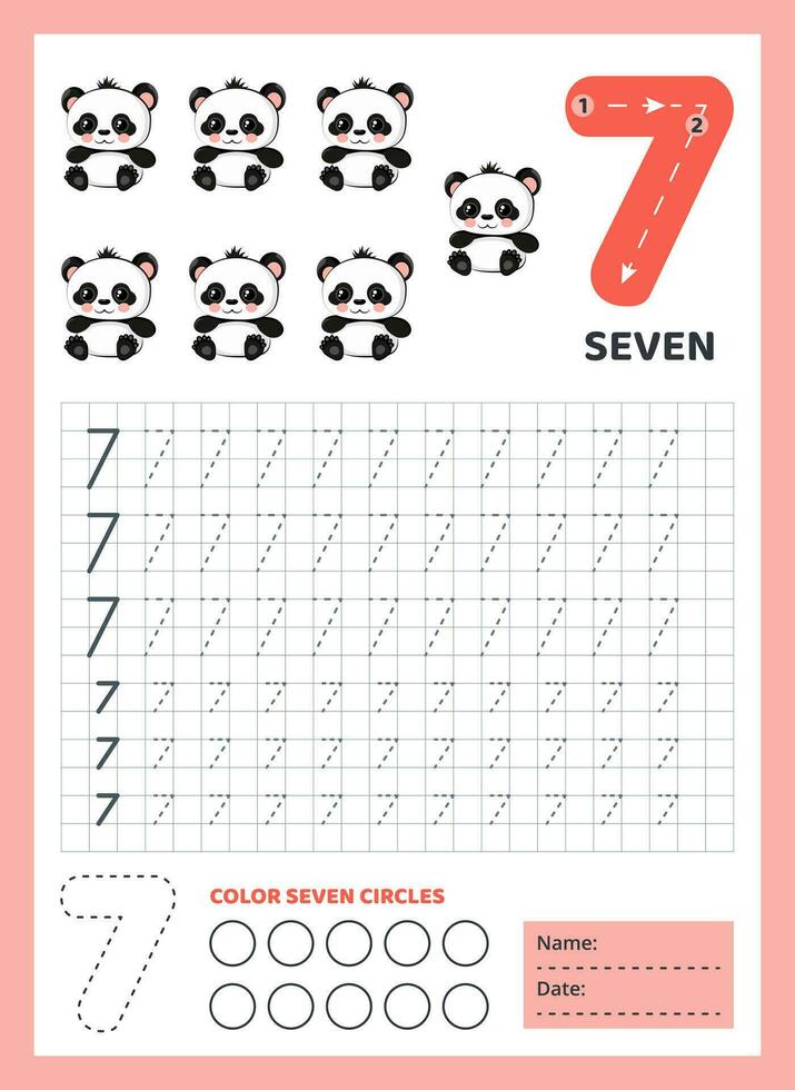 numeri tracciato la pratica. scrittura numero Sette. tracciato foglio di lavoro con carino Sette panda. stampabile grafico compiti per il motore abilità. matematica gioco per bambini chi imparare per contare e scrivere. vettore. vettore