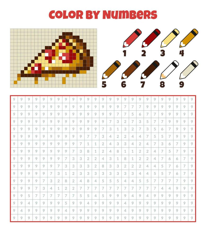 colore di numeri. formazione scolastica gioco per bambini. cibo, veloce cibo, Pizza. colorazione libro con numerato piazze. pixel arte. grafico compito per bambini. vettore