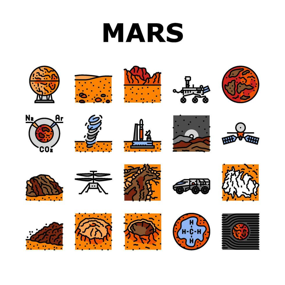 Marte pianeta spazio astronomia icone impostato vettore