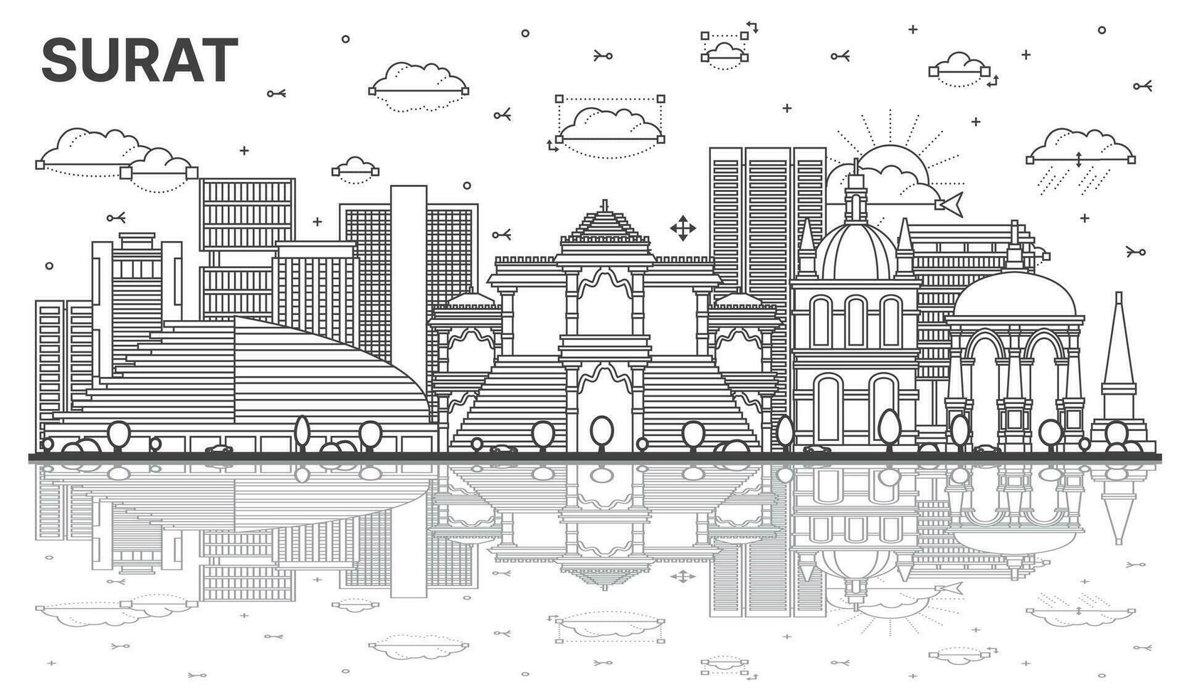 schema surat India città orizzonte con moderno, storico edifici e riflessi isolato su bianca. vettore