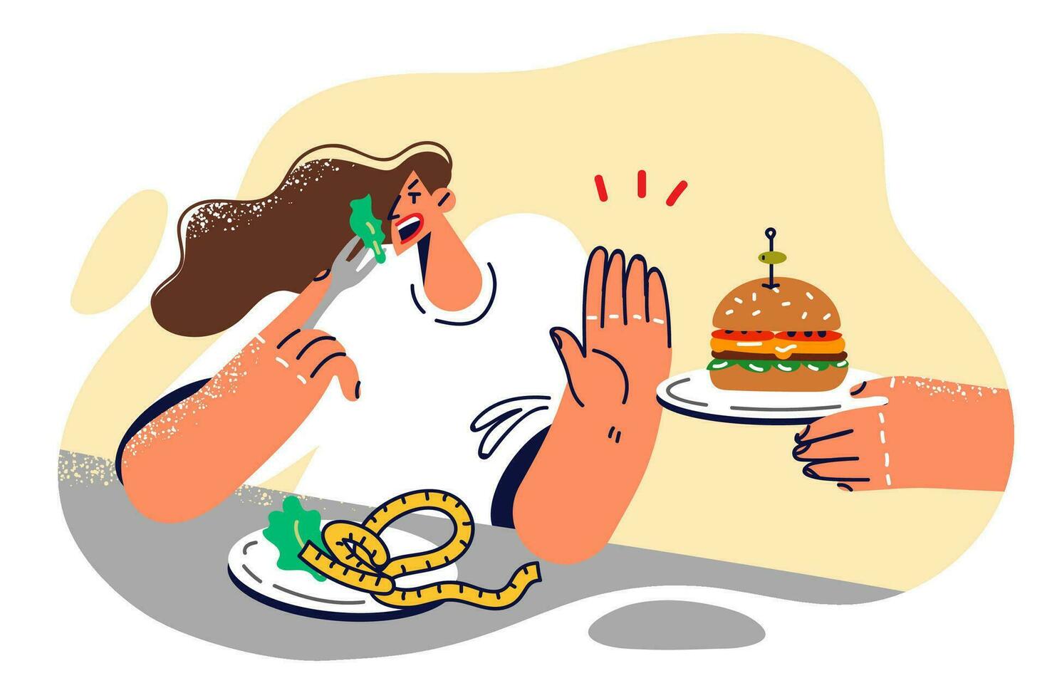 donna rifiuta Hamburger e mangia salutare cibo, volendo per ottenere sbarazzarsi di eccesso peso e condurre salutare stile di vita. ragazza con piatto pieno con insalata fa fermare gesto rifiuto per mangiare veloce cibo vettore