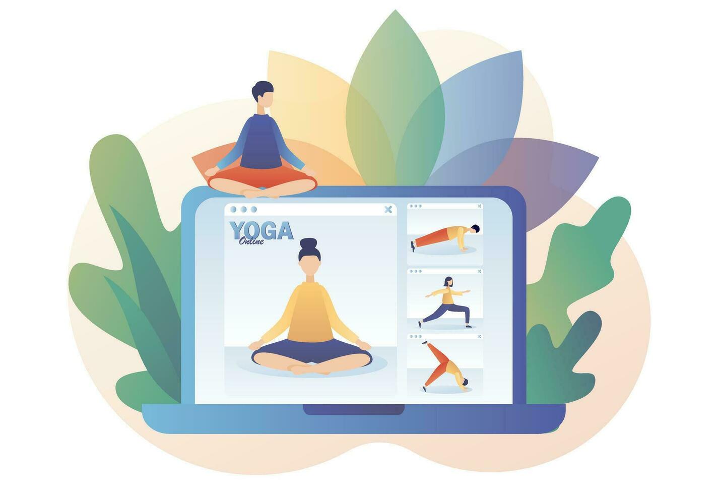 minuscolo persone Guardando in linea classi uso computer portatile, praticante hatha yoga, meditazione. yoga in linea. restare casa concetto. moderno piatto cartone animato stile. vettore illustrazione su bianca sfondo